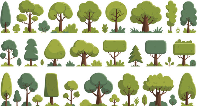 Flat Green Tree and Shrub Vector Icon Set with Diverse Topiary Plant Shapes for Landscape Architecture and Map Graphic Designs