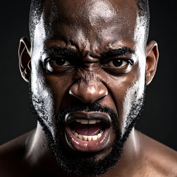 A close-up of an angry dark-skinned man with a scowling face