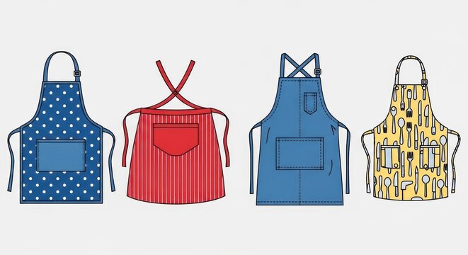 Four colorful aprons with various patterns are hanging side by side