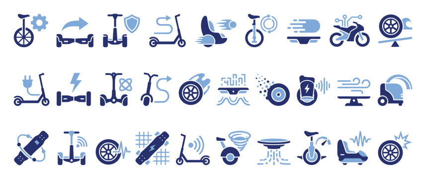 Set of electric personal mobility icons showing scooters, hoverboards, unicycles, charging, and
