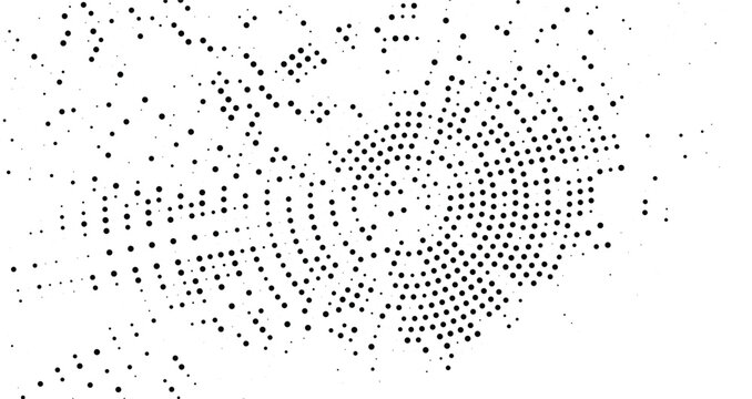 Abstract halftone pattern with black dots of varying sizes arranged in a circular radial design isolated on white background
