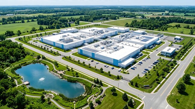 Aerial view of modern industrial complex with green landscape