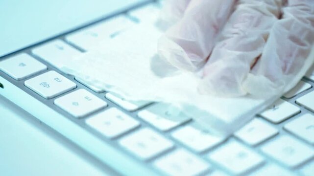 Cleaning and disinfection of white dirty laptop keyboard with wet antibacterial wipe to destroy hantavirus microbe germs and bacteria cells in 4K Ultra HD footage