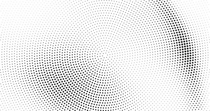 Abstract black and white halftone dot pattern radial gradient background texture with curved dots