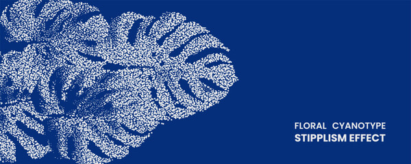 Floral cyanotype stipplism effect with monstera leaves on blue background, elegant botanical pointillism dot pattern vector illustration © MDMahmudul