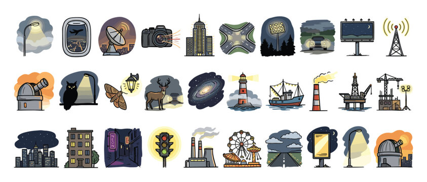 Set of night environment icons with artificial light sources for urban planning concepts