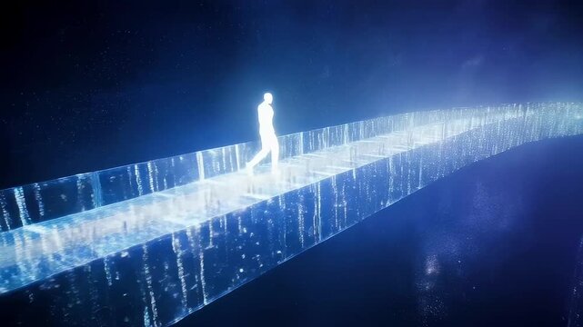 Glowing figure walking across digital bridge into neon horizon, solitary traveler with briefcase on holographic walkway, cascading data curtains, deep blue atmosphere, cinematic forward