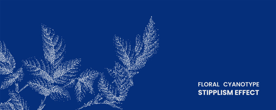 Floral cyanotype stipplism effect with white botanical leaves on a deep blue background