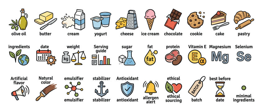 Food ingredients and product labeling icons set for nutritional information and ethical sourcing