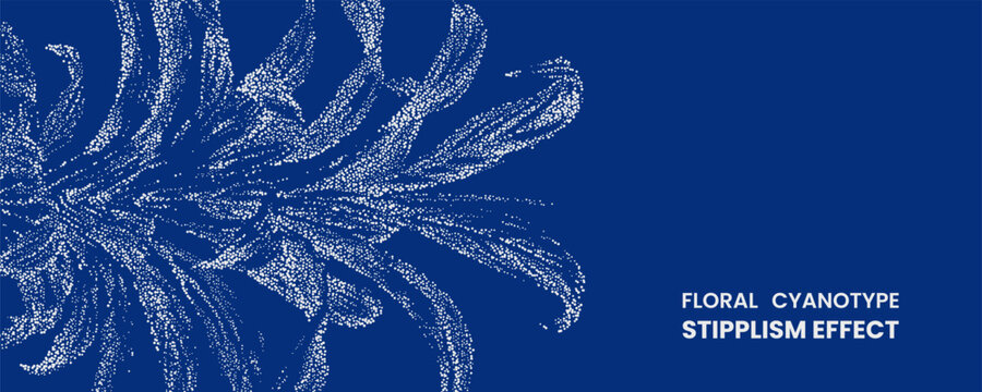 Floral cyanotype stipplism effect with white botanical silhouette on deep blue background