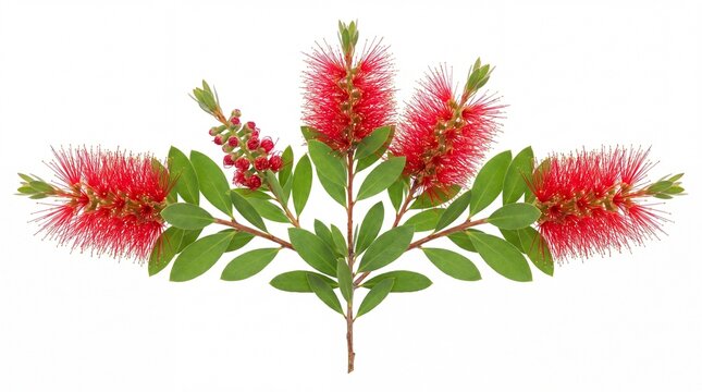 Vibrant red bottlebrush flower stems arranged in a natural decorative branch composition on white background