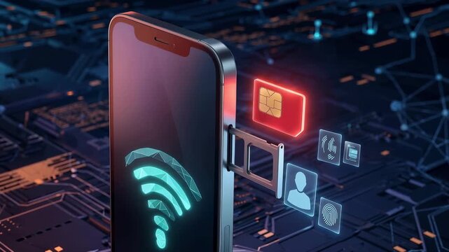 Two smartphones connect through data transfer while showing wireless signals in a digital setting with technology graphics and icons.
