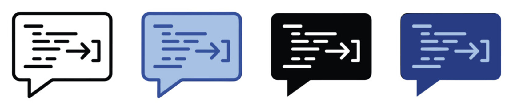 Set of icons representing AI chat bot interaction or code execution with output in a speech bubble