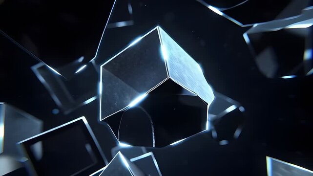 Abstract 3D Glass Cubes Floating in Dark Space with Light Reflections