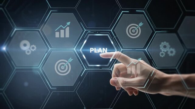 Futuristic business touchscreen interface with hand interacting on hexagonal digital display technology