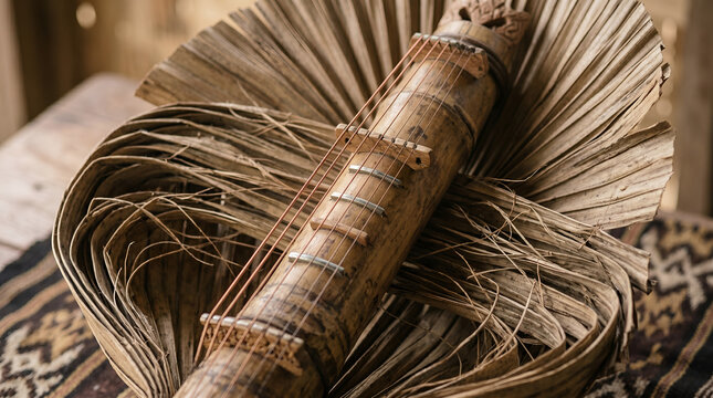 Detailed Sasando string and bamboo texture showing authentic Indonesian craftsmanship, perfect for cultural storytelling, tourism media, and traditional music education.