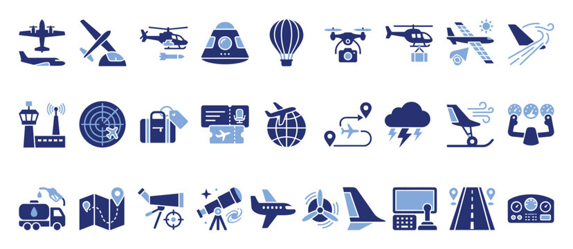 Set of aviation and aerospace icons for modern air travel and flight navigation systems