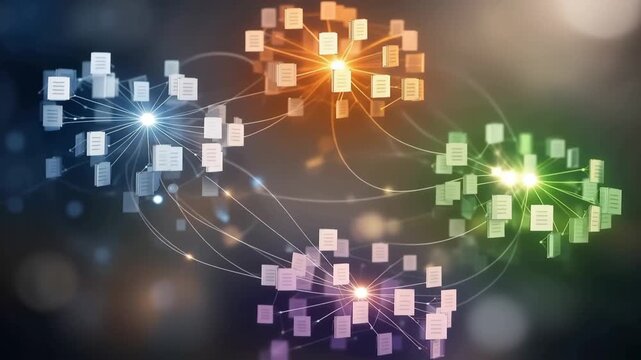 Clusters with documents show connections and data flow. Colorful design illustrates network relationships and information sharing in digital formats.