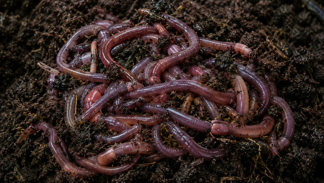 ​A cluster of live earthworms crawling together on rich organic soil or compost heap.