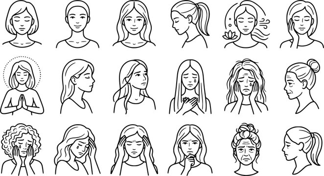 Women Emotional Expression Line Art Portrait Set Showing Calm, Sadness, Anxiety, Reflection, Mindfulness, Self Care, and Mental Health Awareness