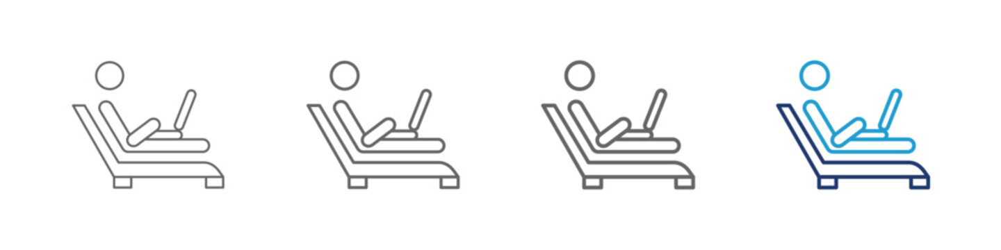 Remote working icon despict a person sitting relaxed on a reclinng chair holding a lap top, designed with varying line thicknesses and a blue color scheme for web and illustation design.