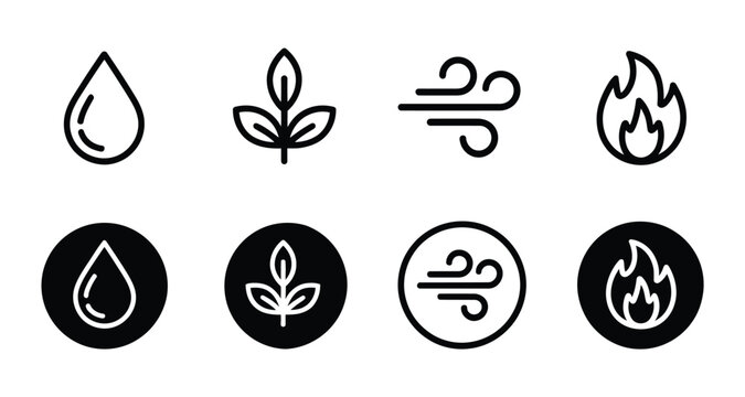 Four season elemental logo, vector icon symbol featuring fire, water, earth, and air representing nature balance, environmental harmony, and spiritual energy concepts