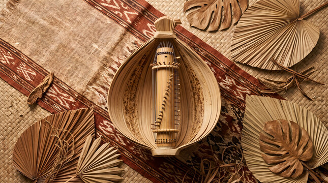Top view Sasando instrument with woven textures and tropical styling, suitable for cultural branding, travel campaigns, educational materials, and Indonesian heritage themes.