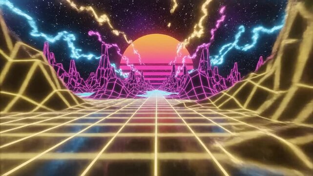 Retro futuristic neon wireframe landscape with sun and grid road