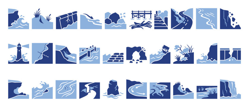 Set of nature icons showing coastal erosion, river flow, natural disasters, and protective