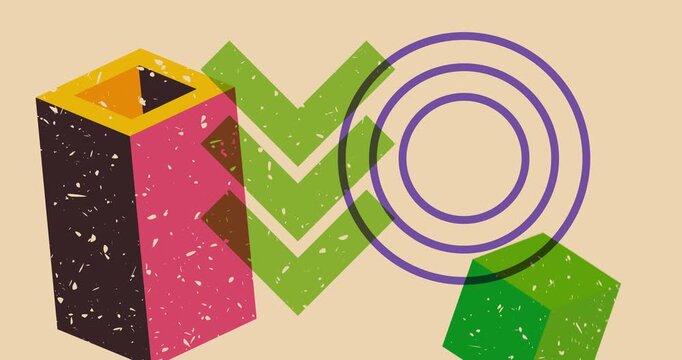 Colorful geometric shapes animation. Object in trendy riso graph design. Geometry elements abstract risograph texture style video.