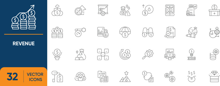 Revenue Icon Set. Containing Growth, Increase, Advantage, Capital, Income, Report, Asset and more. Editable vector Line icons collection.