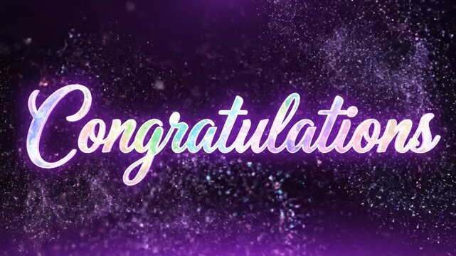 Glowing purple neon congratulations text with sparkling particles.