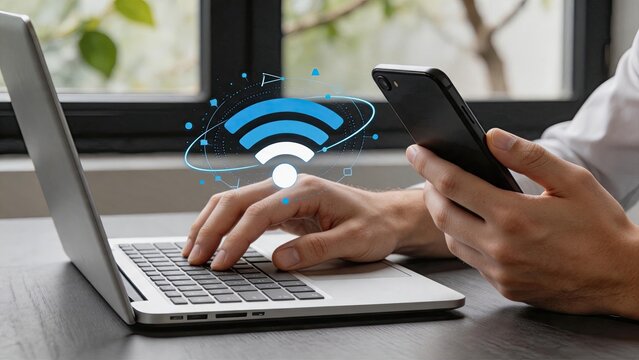 Wireless connectivity between smartphone and laptop with wifi signal icon, mobile internet connection concept, person using multiple devices for communication and networking in