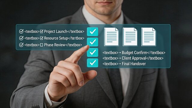 Project manager checking digital task list on virtual interface showing project launch resource setup phase review budget confirmation client approval final handover checklist for