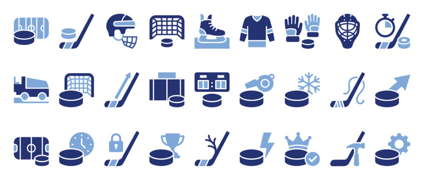 Set of hockey icons with sports equipment and game attributes for digital graphics applications