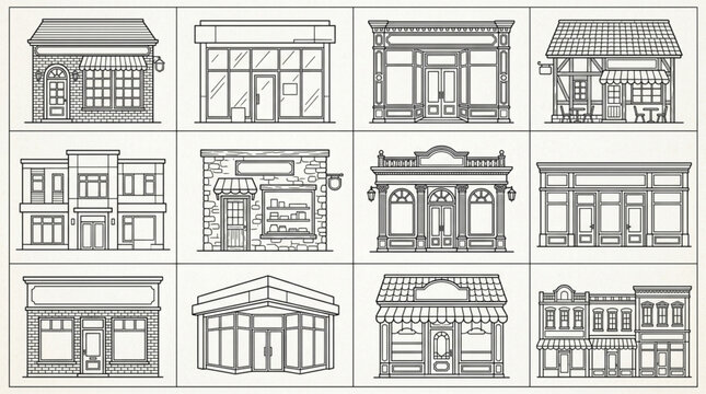 Collection of Vintage Storefront Building Illustrations.