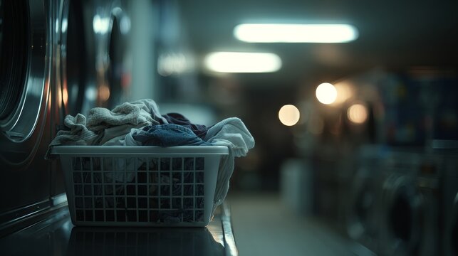 Interior empty laundry at night. Close-up of single plastic laundry basket spilling over with assorted clothes