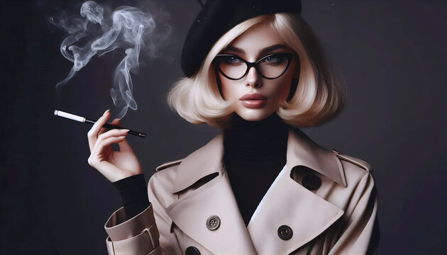 A model in a trench coat and beret, holding a cigarette in a long holder, smoke curling upwards, Ai generated image