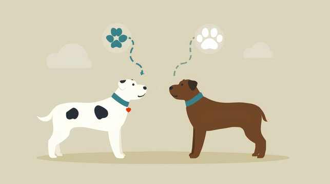 Frenemies: Two dogs, one spotted and white, the other solid brown, stand facing each other with thought bubbles above their heads. The white dog thinks of a four-leaf clover.