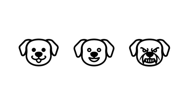 Dog Emotion Icons: Three stylized dog faces showcasing different emotions: happy, content, and angry. A simple graphic representation of canine expression.
