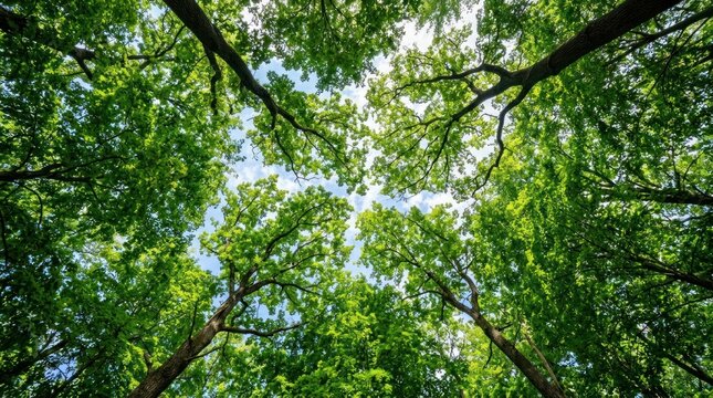 A person looks up through a dense canopy of green trees, capturing a stunning view of the sky and sunlight filtering through the branches.