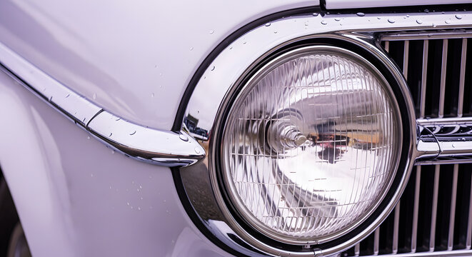 Close-up of classic vintage car round headlight with chrome trim and water drops