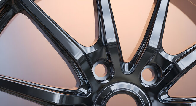 Close-up of glossy metallic sports car alloy wheel rim on copper background