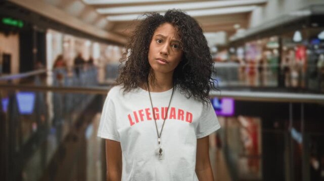 Woman lifeguard in white shirt with whistle holds hands up and points palms forward in building; confusion responsibility.