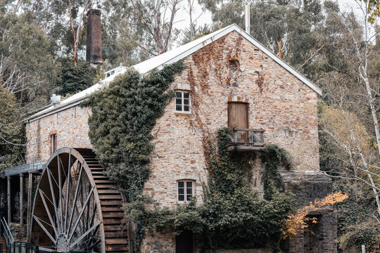Historic Bridgewater Mill building with water wheel in Bridgewater South Australia