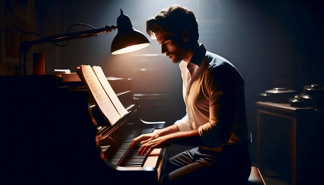 A composer at a grand piano, face illuminated by a single desk lamp, sheet music in shadow, Ai generated image