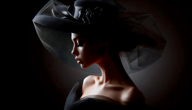 A glamorous widow in a black hat with a face veil, turning away, light catching a single tear, Ai generated image