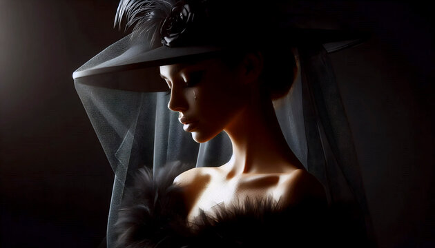A glamorous widow in a black hat with a face veil, turning away, light catching a single tear, Ai generated image