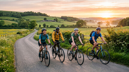 Fototapeta premium Four friends cycling together on a scenic countryside road at sunset with green hills and trees