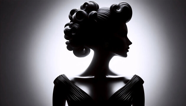 The silhouette of a woman in an elaborate evening gown and updo against a bright white studio backdrop, Ai generated image